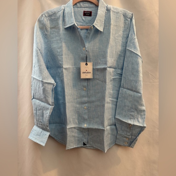 Untuckit Sherry Long Sleeve Button Down Shirt Blue & White Stripe - Picture 1 of 8